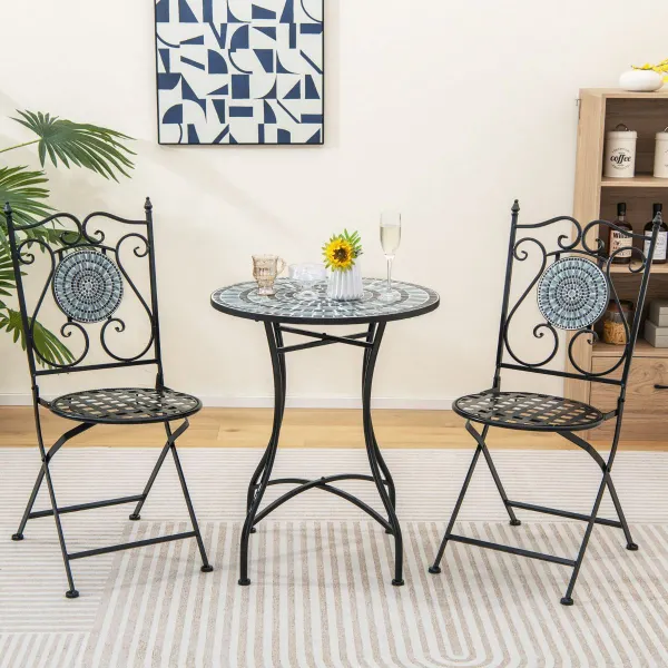Ensemble Bistrot Table Ronde et 2 Chaises Pliantes avec Motif Mosaïque et Cadre Métal Robuste
