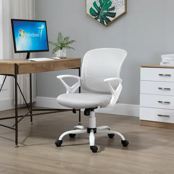 Cadeira de Oficina Ergonômica Cadeira de Escritório Basculante com Altura Ajustável Assento Giratório 360° Suporte Lombar e Malha Transpirável 61x61x89-99cm Cinza e Branco
