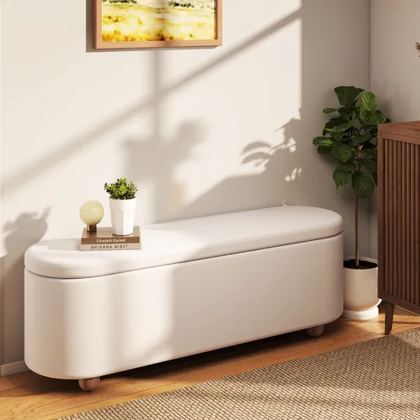 Banco Otomano Oval 139 cm Armazenamento Branco com Tampo Basculante
