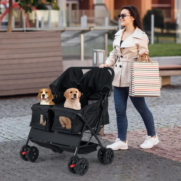Carrinho Duplo para Animais Dobrável com 2 Lugares, Sombrinha e Cesta de Arrumação