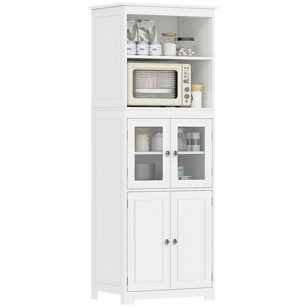 Armario de cocina con 2 Puertas de vidrio templado 2 Prateleiras Abiertas y Armário con Prateleira Ajustable para Sala de estar 60x30x162 cm Blanco