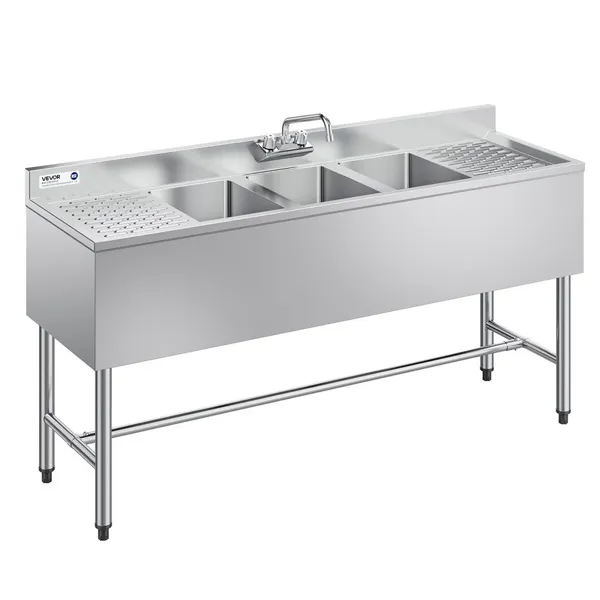 Pia de 3 cubetas 304 inox, 254x356x254 mm, com tábua escorredor