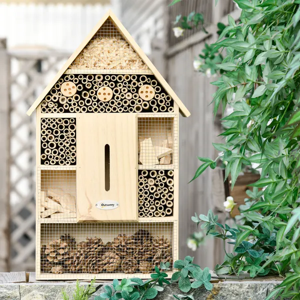 Hotel de insectos de 5 pisos Casa de insectos de madera y bambú para abejas Borboletas Joaninhas Uso al aire libre en jardín 32x12,5x57 cm Color natural