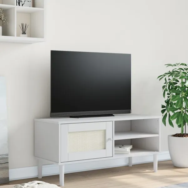 Móvel de TV SENJA aspeto vime 106x40x49 cm pinho maciço branco