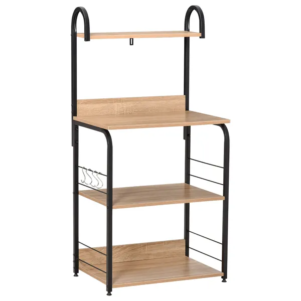 Estante de Cozinha Estante para Microondas com 4 Níveis Ganchos e Pés Ajustáveis Estante de Armazenamento 60x40x125cm Madeira Natural
