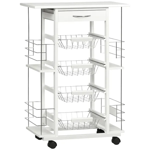 Carrinho de Cozinha com Rodas Carrinho de Cozinha com Bancada Gaveta 4 Cestas de Metal e 4 Suportes para Temperos Laterais para Cozinha 57x37x83cm Branco