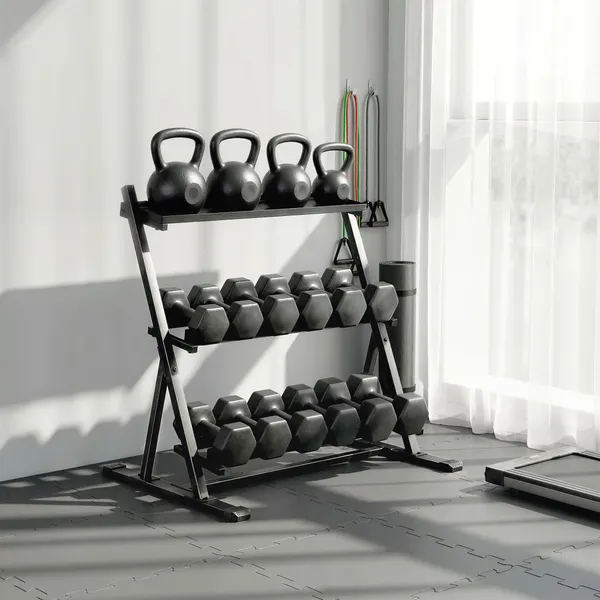 Suporte para Halteres de 3 Níveis Estante de Armazenamento de Pesos de Aço com Barras Ajustáveis para Treino em Ginásio Casa Capacidade 200 kg 88x66x88 cm