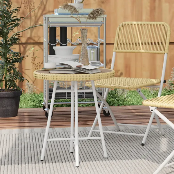 Mesa auxiliar de Vime Sintético Mesa de Centro Redonda con Bancada de Madeira Plástica y Estructura de Acero Galvanizado Carga máxima 30 kg para Varanda Jardín 50x50x55 cm Madeira y Bege