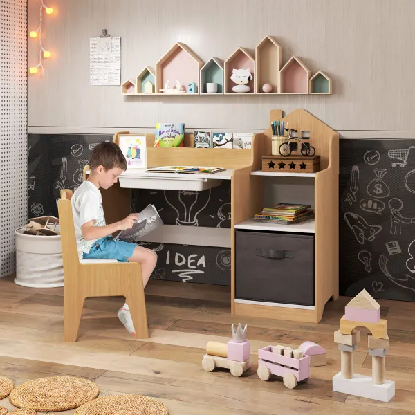 Conjunto Mesa e Cadeira de Estudo Infantil com Estantes e Contentor de Tecido