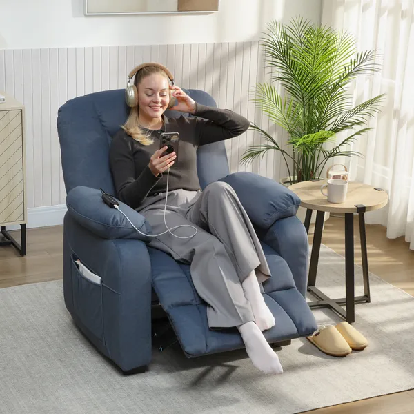 Poltrona Relax Reclinável Elétrica Poltrona Reclinável Silenciosa com Função Memória Apoio para os Pés Controlo Remoto Bolsos Laterais Porta USB Tecido Veludo para Quarto Sala de Estar Azul