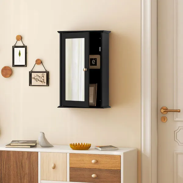 Armario del Baño con Espejo Montado a la Pared con Puerta y Repisa Regulable 34x15x51 cm Negro