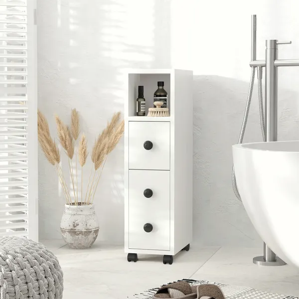 Armário de Casa de Banho Móvel Auxiliar para Espaço Reduzido com Rodas Prateleiras Abertas Armário e Gaveta 18x30x68,5cm Branco
