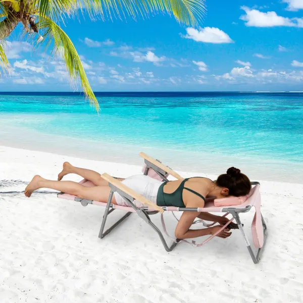 Silla de Playa Plegable 3-en-1 con Agujero para la Cara Reposapiés Respaldo Silla Reclinable Portátil para Tomar el Sol Rosa