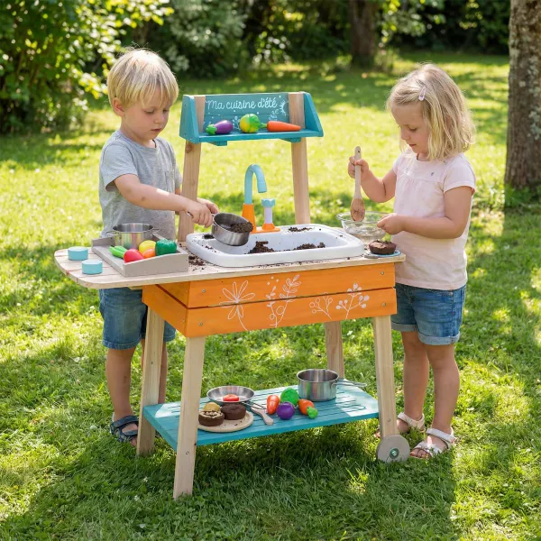 Cuisine de Jeu en Bois avec Évier Amovible et Robinet Circulant Orange