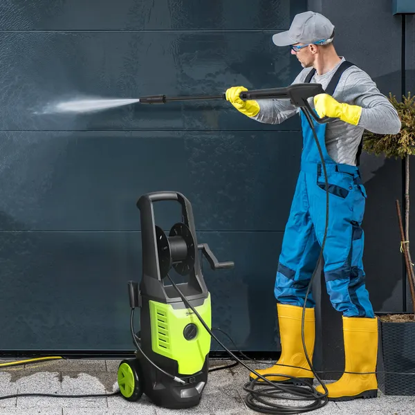 Lavadora de Alta Pressão 2200W Pressão 170 Bar Fluxo 420 L/h com Bomba de Alumínio Paragem Automática Mangueira de 6 m Inclui Garrafa de Espuma e Bico Ajustável 32x32x80 cm Verde e Preto