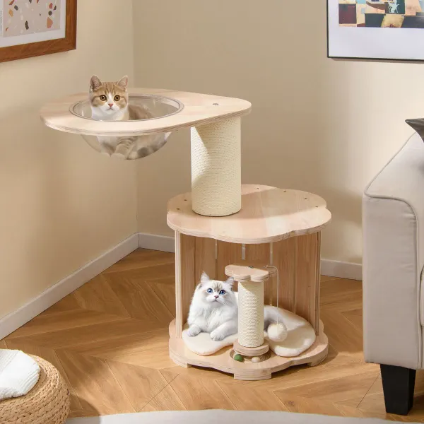 Árbol para Gatos de Madera de 3 Niveles con Cápsula Espacial Postes Rascadores Juguete y Alfombra Lavable para Interior 74 cm Roble+Blanco