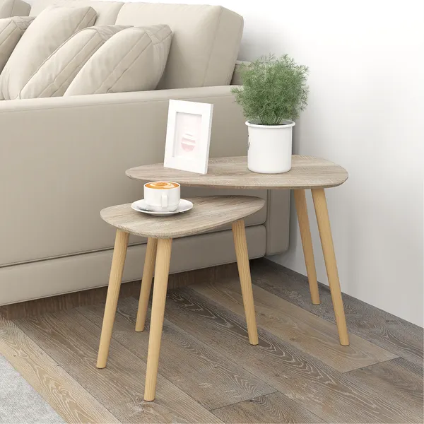 Conjunto de 2 Mesas Auxiliares com Pés de Madeira Mesas de Café para Sala de Estar Dormitório Escritório 59,5x39,5x45cm e 44,5x28,5x40 cm Madeira