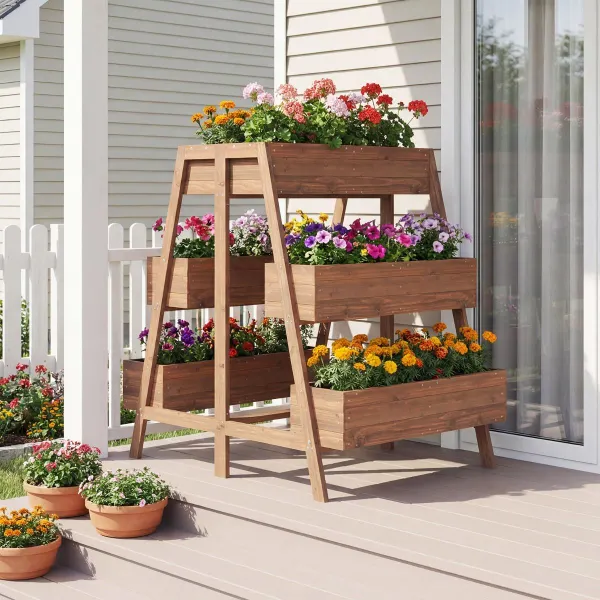 Jardinière Surélevée Multicouches en Bois avec Base à Lames et Doublure Noire