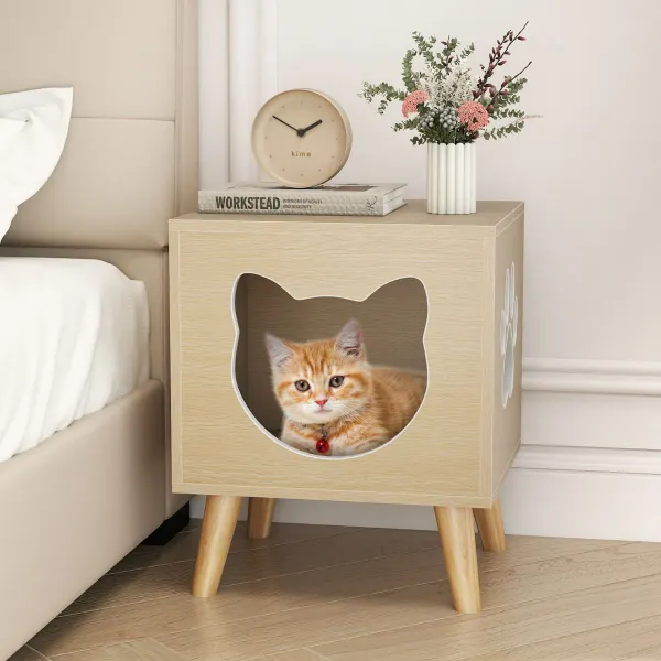 Meuble pour Litière de Chat avec Couvercle Amovible et Pieds en Bois Naturel