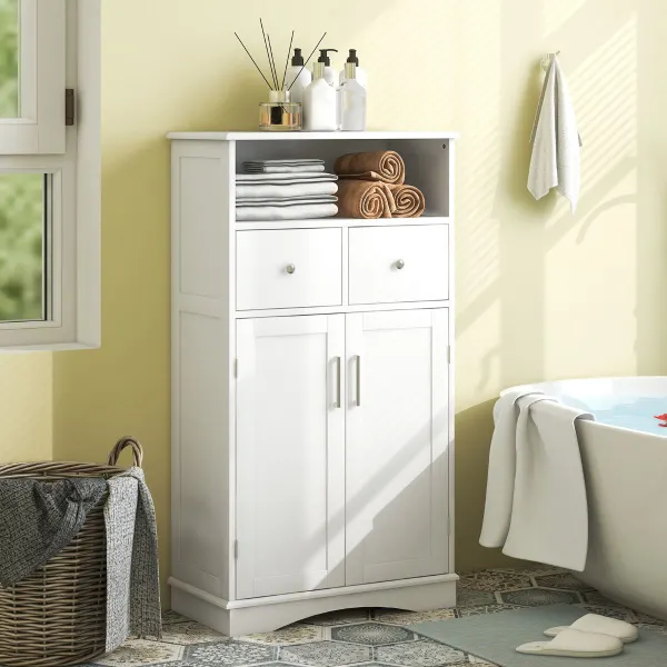 Gabinete de Baño de Suelo con 2 Puertas, 2 Cajones y 2 Estantes Ajustables 60x30x108cm
