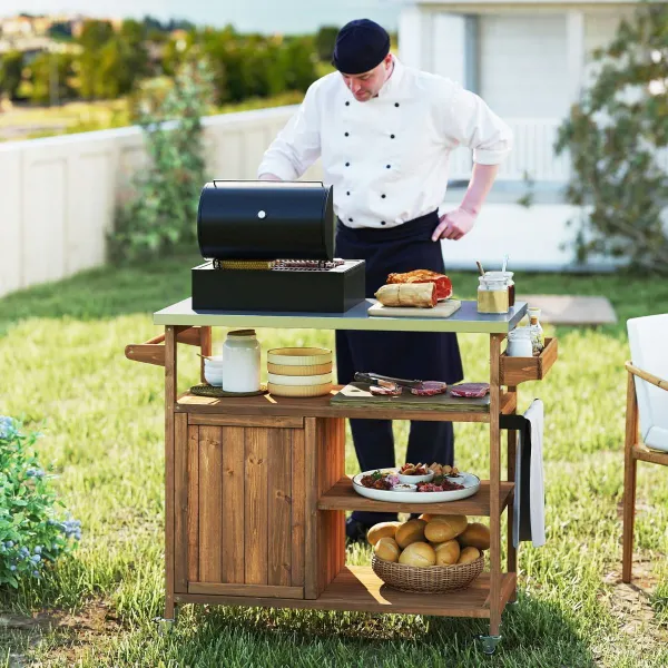 Chariot pour Grill en Bois avec Rangement et Plateau en Acier Inoxydable 3 Étagères Marron