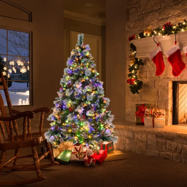 Sapin de Noël Prééclairé 185/215cm avec Lumières LED, Pommes de Pin et Baies Rouges