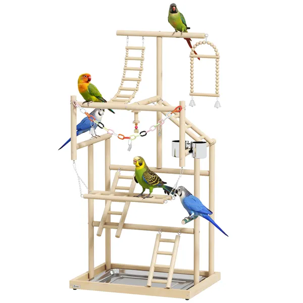 Parque de Jogos para Pássaros Suporte de Madeira para Pássaros com Escadas Baloiço Brinquedo de Corrente Bandeja Comedouros para Periquitos Cacatuas Caturras Agapornis 48x38x95 cm Madeira