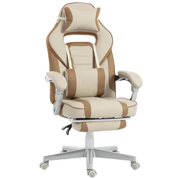Cadeira Gaming Reclinável com Altura Ajustável, Apoio para Pés Retrátil, Suporte Lombar e Almofada de Cabeça para Escritório ou Estúdio - Creme