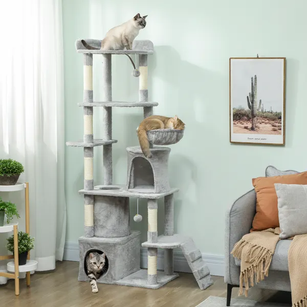 Inicio para gatos grandes Altura 170 cm Torre de Escalada con 7 Postes 1 Tunel 3 Plataformas 2 Cuevas 1 Red 1 Poleiro 1 Rampa Pompons Cinzento Claro