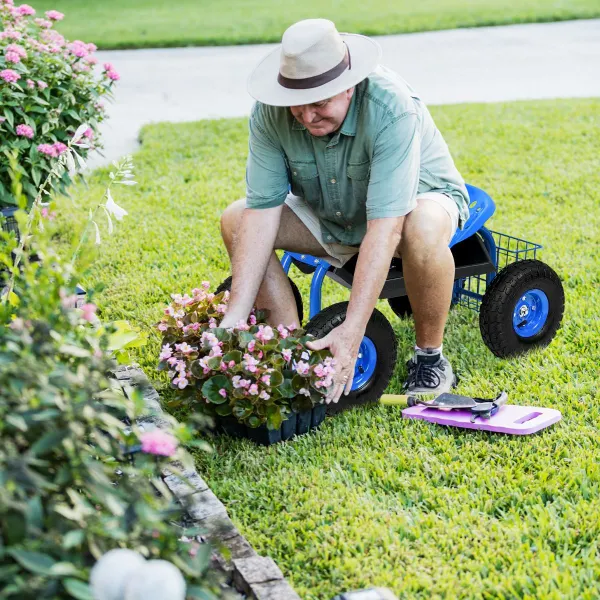 Carrinho de Jardinagem com Rodas, Assento Giratório 360° e Altura Ajustável