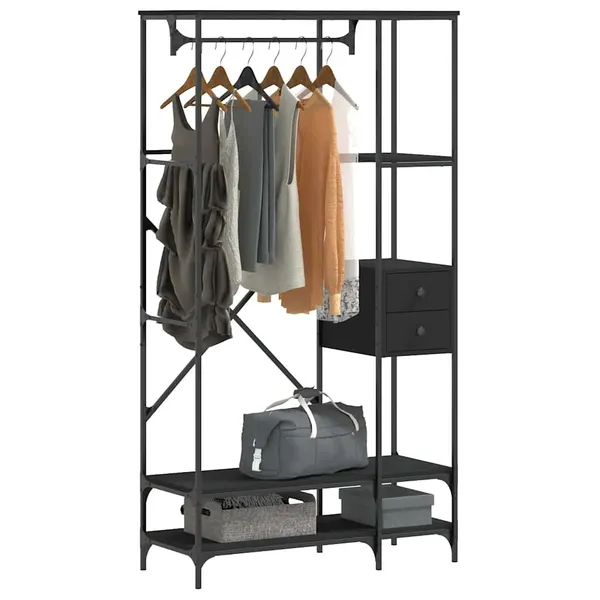 Suporte para roupas c/ prateleiras derivados de madeira preto