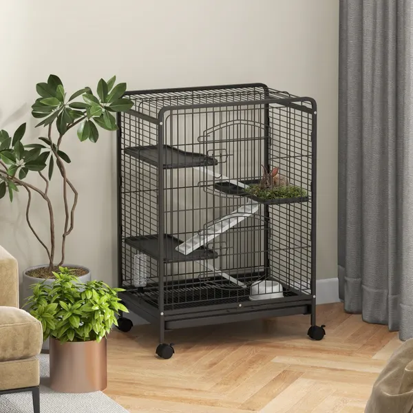 Gaiola para Roedores com Rodas 64x43,5x93cm Gaiola para Animais Pequenos com 2 Portas 3 Plataformas Bandeja Amovível Comedouro e Bebedouro Preto
