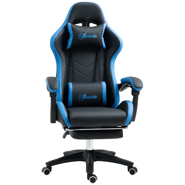 Cadeira Gaming Ergonómica Cadeira Gamer de Pele PU com Reclinação até 135° Suporte Lombar Altura Ajustável Apoio para a Cabeça e Apoio para os Pés Retrátil Preto e Azul