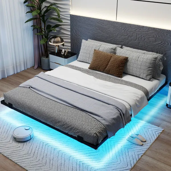 Cama Flutuante com Luzes LED RGB - Estrutura de Metal com Lâminas e Topes Antideslizantes