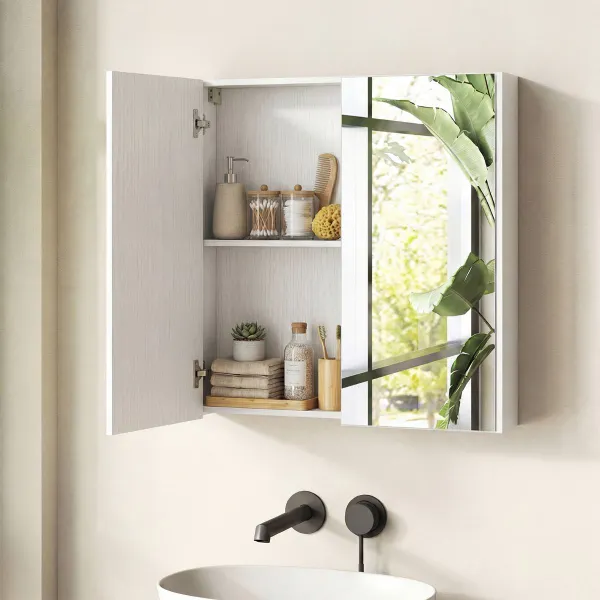 Armario de Baño con Espejo de Pared 2 Puertas 2 Estantes 62x11x65cm Blanco