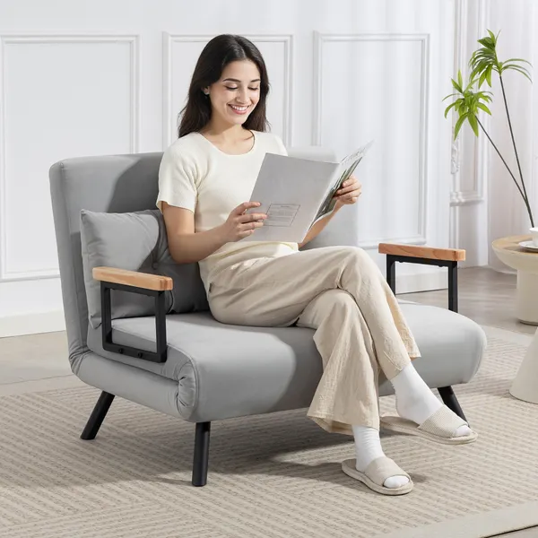 Sofá Cama Sofá Convertible en Cama de 2 Lugares plegables con Encosto ajustable en 5 Niveles y 2 Almohadillas Acolchoadas para Oficina Dormitorio Sala de estar 102x73x81 cm gris claro