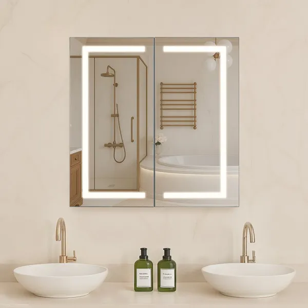 Armário Espelhado LED 65x65 cm, 3 Cores Ajustáveis