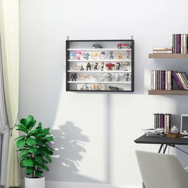 Vitrine de Parede de Madeira com Prateleiras Ajustáveis e 2 Portas Corredeiras de Vidro para Coleções Perfumes Bonecos de Decoração 80x9,5x60cm Preto - Modelo 2