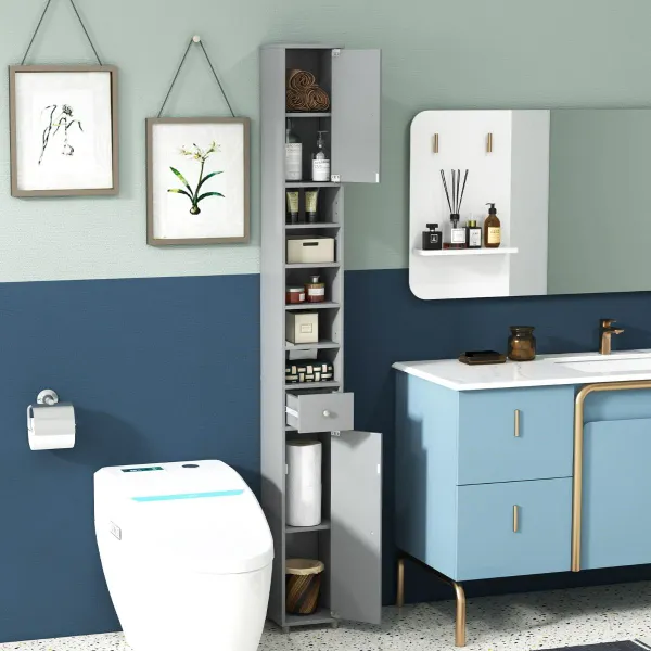 Armoire Haute Étroite de Salle de Bain avec Tiroir et 5 Étagères Ajustables 20x20x180cm