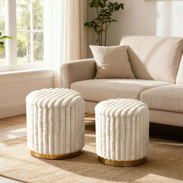 Ensemble 2 Pouf Rond 32L + 21L Tapissé Poil de Lapin Rangement Démontable Blanc