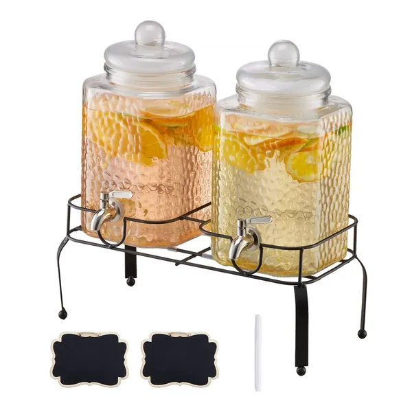 Dispensador bebidas 2x5,5L vidro suporte inox torneira aço