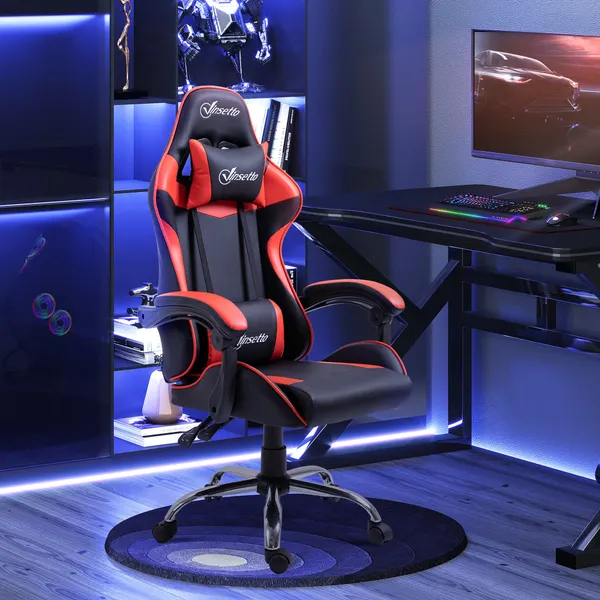Sedia ergonomica di gioco per ricreare i videogiochi con il supporto di altezza regolabile per testa e cuscino Lombar 63x67x119-127cm Rosso e Nero