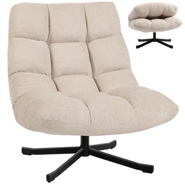 Poltrona Giratória Moderna Poltrona de Sala de Estar com Base de Cruz Estofada em Chenille Impermeável Assento Extra Largo e Pernas de Aço Poltrona Relax para Sala de Estar Quarto 75x95x90 cm Creme