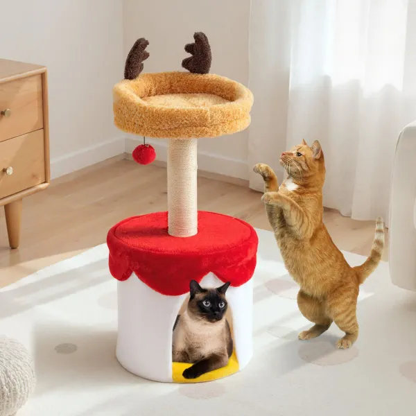 Torre de Gato Natal 80 cm com Cama, Rascador Sisal e Bola de Pelúcia