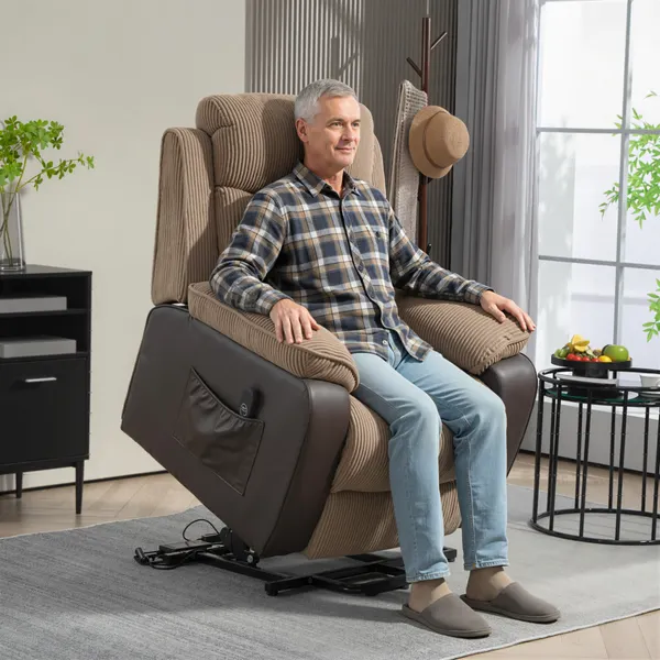 Poltrona Relax Reclinable Eléctrica Levanta Personas, con Puerta USB, Comando, Apoyo a los Pés, Estofada en Veludo, Bolsos Laterais, Castanho