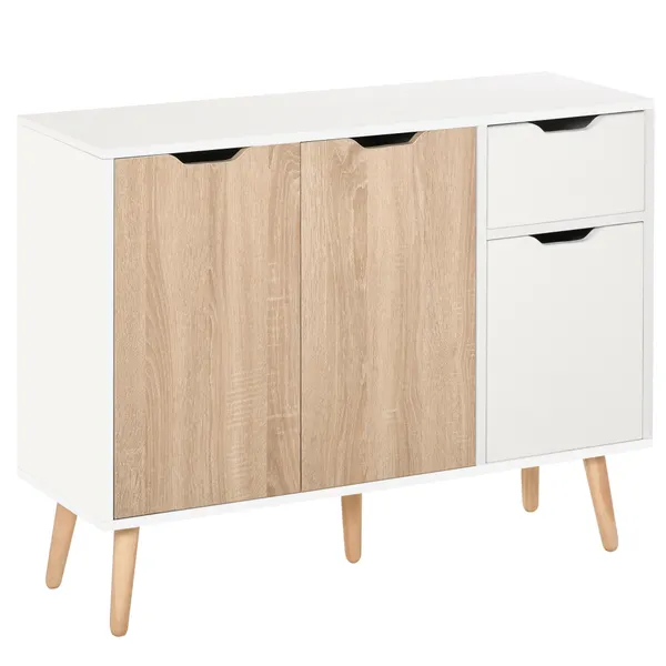 Aparador Móvel Auxiliar de Armazenamento com 2 Armários de Porta Gaveta Pés de Madeira para Sala de Estar Cozinha Dormitório 90x30x72cm Natural e Branco