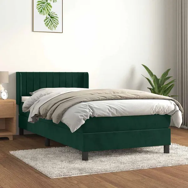Cama com molas/colchão 90x200 cm veludo verde-escuro