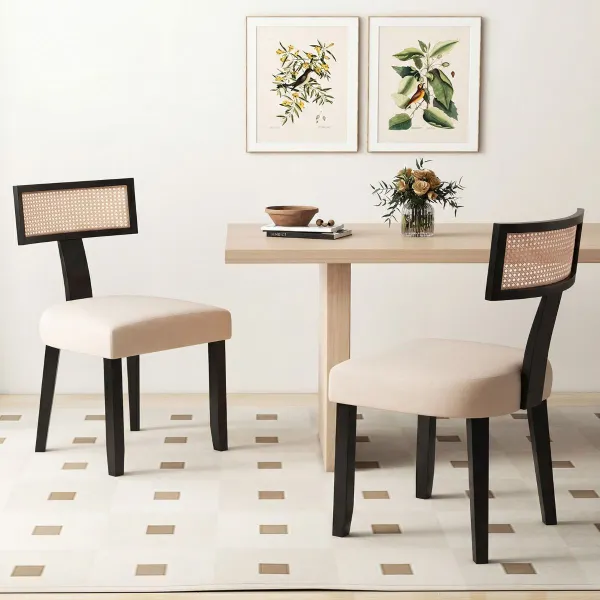 Sillas Comedor 2 Piezas Madera Caucho Asiento Tapizado Ancho Respaldo Ratán Sala Estar Dormitorio Restaurante Negro+Beige
