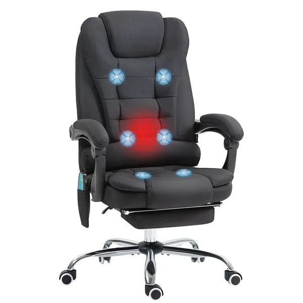 Cadeira de Escritório com 6 Pontos de Massagem Giratória com Encosto Reclinável 135º Função de Aquecimento Apoio para os Pés Retrátil Altura Ajustável e Controlo Remoto 65x70x111-119 cm Preto