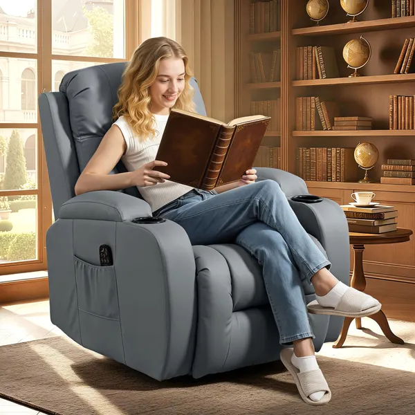 Poltrona de masaje Giratoria Poltrona Relax Reclinable con 8 Puntos de masaje Función de Calefacción Lombar Control Remoto Revestimiento en PU Apoyo a los Pés Bolso Lateral Función Oscilante Cinzento
